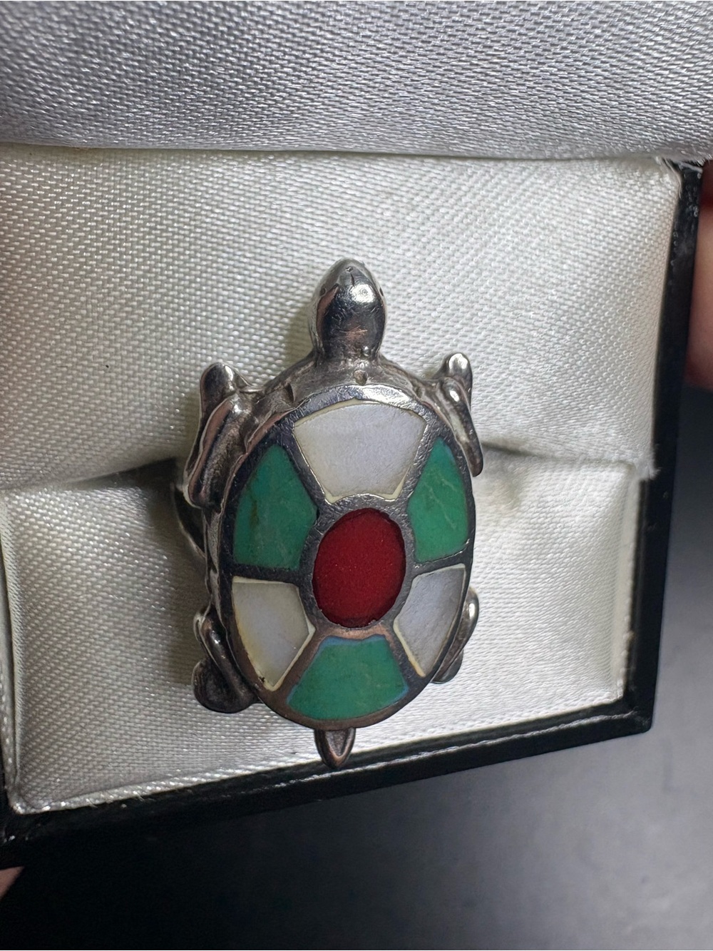 Ring Zuni Turtle 925 Sterling Silver Vintage Turquoise Coral Mother-of-Pearl - Picture 3 of 8
